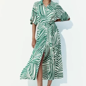 Tropical Stripe Belted Midi Dress