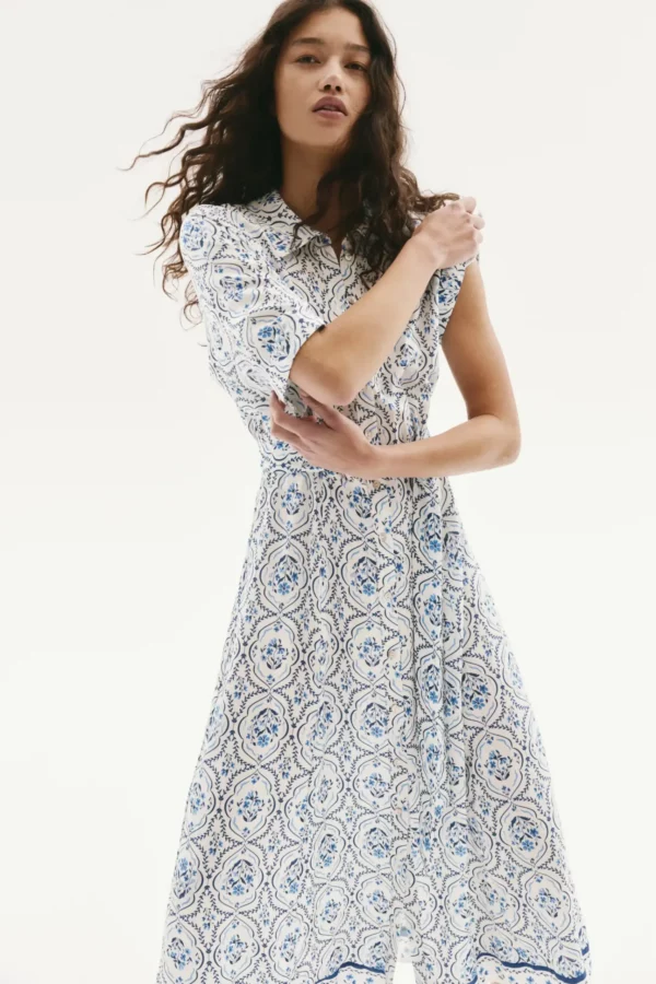 Belted Porcelain Pattern Midi Dress