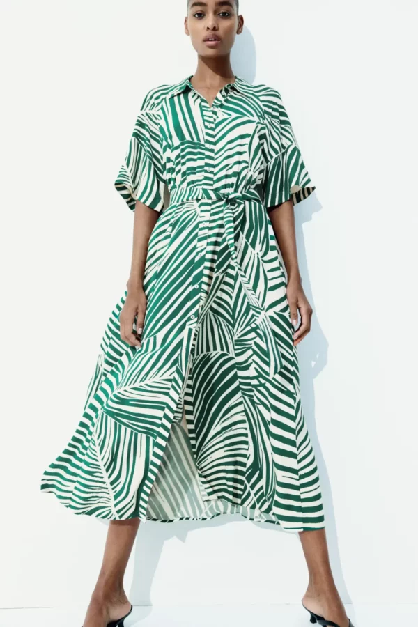 Tropical Stripe Belted Midi Dress