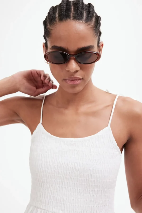 Shoulder-Tie Smocked Midi Dress