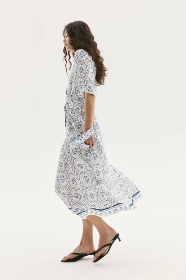 Belted Porcelain Pattern Midi Dress